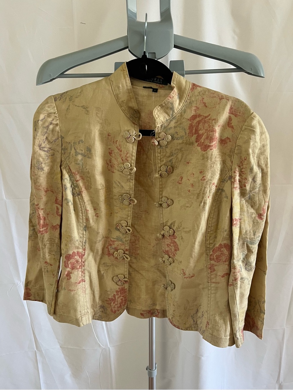 Lauren Ralph Lauren Pale Gold Mandarin Collar Floral Jacket- 100% linen